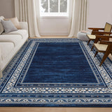 Garvee Bordered Navy Blue 4x6 Washable Modern Geometric Rug - Soft, Non-Slip, Ultra-Thin, Stain-Resistant Fabric - Machine Washable, Durable - Living Room, Bedroom, Playroom