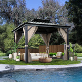 Garvee 12x12 FT Hardtop Gazebo with Double Galvanized Steel Roof - Heavy-Duty Aluminum Frame - Waterproof Curtains & Mosquito Netting - Outdoor Pavilion for Patio, Deck, Backyard, Lawn - Khaki, A box 1/4
