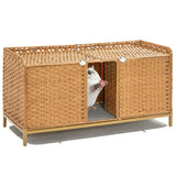 Garvee Double Cat Litter Box Enclosure for 2 Cats – Handwoven Rattan Hidden Cat Furniture with Dual Rooms, Washable Litter Mat, Hooks & Metal Feet – Large Waterproof Cat Cabinet, Easy Clean – Natural Color - Brown