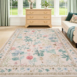 Garvee 9x12 Washable Floral Area Rug, Non-Slip Low Pile Rug, Stain Resistance Carpet for Living Room, Bedroom, Dining Room, Beige