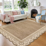 Garvee 9x12 Scalloped Brown Rug, Washable Soft Rugs for Living Room Non Slip Low Pile Rug, Stain Resistant Indoor Floor Cover, Non-Shedding Carpet for College Bedroom Playroom Kids Room, Brown