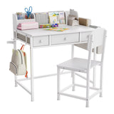 Garvee Spacious Storage & Study Solution Kids Desk and Chair Set – Wooden Table with Drawers & White Iron Frame – Ergonomic Learning Furniture for Boys & Girls Ages 5-12 – Raw Wood + White Iron