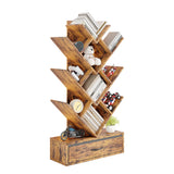 Garvee Rustic 7-Tier Tree Bookshelf with LED Lights & Fabric Drawer – Industrial Vertical Bookcase for Office, Living Room, Bedroom – Space-Saving for Small Spaces – Vintage Wood Board + Vintage Fabric Drawer