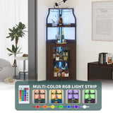 Garvee Space-Saving 5-Tier Corner Wine Bar Cabinet with Barn Door - Adjustable Shelves, Built-In Glass Rack, Metal Frame Liquor Storage for Home Bar Kitchen Dining Living Room - Tiger Wood