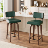 Garvee Swivel Bar Stools Set of 2, 26" Upholstered Counter Height Bar Stools with Back and Walnut Wood Legs, Mid Century Bar Chair Island Stool for Kitchen Counter, Faux Leather Barstools, Green