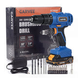 Garvee Cord-free Hammer Drill/Driver Set, 1/2 in All-Metal Keyless Chuck - 20+1+1 Secure - For Concrete/Metal/Plastic - Battery & Charger Included - Blue-Orange, USA 20V