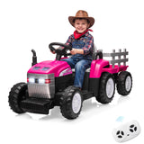 Garvee Kids Ride On Tractor Electric Toy 12V Dual 35W Motors Detachable Trailer Durable PP Plastic Parent Remote Control Bluetooth Speaker Max Speed 2.8MPH Outdoor Play