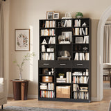 Garvee 75" Tall Bookcase with Drawers, 47" Wide Large 9-Tier Farmhouse Wooden Bookshelf Storage Cabinet with Adjustable Shelves for Living Room Office, Black