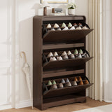 Garvee Slim Shoe Cabinet, 31.5"X10.2"X53.5" MDF Entryway Storage for Up to 24 Pairs, 3 Flip-Down Doors with Adjustable Removable Shelves, Space-Saving Freestanding Organizer for Hallway, Mudroom and Small Spaces, Brown - Brown