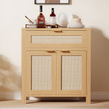 Garvee Boho Rattan Entryway Cabinet with Drawer & Adjustable Shelves - Modern Sideboard Buffet Storage - Stylish Credenza for Living Room, Kitchen, or Coffee Bar - Light Oak