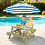 Garvee 4-in-1 Wooden Sand & Water Table for Toddlers 1-3 - Outdoor Sensory Activity & Picnic Table, Removable Weatherproof Umbrella, 2 Covered Bins with Lids - Color: Blue and white