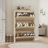 Garvee Modern Slim Wooden Shoe Cabinet - 3 Reverse Drawers, Adjustable Panels, Curved Profile - Freestanding Entryway Shoe Organizer, Fits 18-24 Pairs, Anti-Tip - Natural Wood Color, 3 Tipping Buckets - Natural