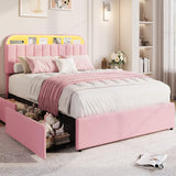 Garvee Velvet Upholstered Full Size Bed Frame for Kids Girls with Storage Drawers, Bookcase Headboard, LED Lights, Noise-Free, Easy Assembly, No Box Spring Needed - Pink, Full Size