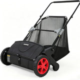 Garvee Manual Push Lawn Sweeper, 21-Inch Walk-Behind Leaf and Grass Collector, 2 Spinning Brushes, 10-Inch Rubber Wheels, 3.5 Cu Ft Mesh Lift Bag, Quiet Yard Cleanup for Lawns and Driveways, Black Shell with Red Wheel Hubs - Red