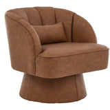 Garvee Modern Swivel Barrel Accent Chair – Soft Velvet Upholstered Round Lounge Chair with Striped Backrest, Cushion – Comfortable Seating for Living Room, Bedroom, Vanity – PU | Vintage Dark Brown (Two-tone)