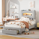 Garvee Upholstered Twin Bed Frame with 2-Tier Storage Headboard, LED Platform Bed with Charging Station and Drawer for Kids/Girls/Boys, Heavy Duty Metal Support, No Box Spring Needed,Off White - Off White
