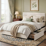 Garvee Contemporary Velvet Upholstered Bed Frame with 4 Storage Drawers - Soft Headboard - Durable Wood Slat Support - No Box Spring Required - Simple Assembly - Bedroom Furniture - White, Full Size - Beige