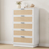 Garvee 5 Drawer Rattan Dresser - Antique White Wooden Storage Chest with Integrated Cabinet & Legs - Durable MDF+PB, Space-Saving Organizer, Easy Assembly - Color: Antique White