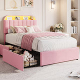 Garvee Velvet Upholstered Twin XL Bed Frame with 2 Storage Drawers, Bookcase Headboard, LED Lights, Noise-Free, Easy Assembly, No Box Spring Required - Pink, Twin XL Size