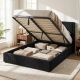 Garvee Full Size Bed Frame Corduroy Upholstered Wingback Headboard Lift-Up Storage Hydraulic Support Wooden Slats No Box Spring Needed Black Bedroom