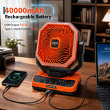 Garvee 40000mAh Rechargeable Camping Fan with Remote (20ft) & Timer - 5 Speeds, 270° Pivot Head, 360° Hanging Hook, LED Lantern Light for Tent, Car, Travel - Orange