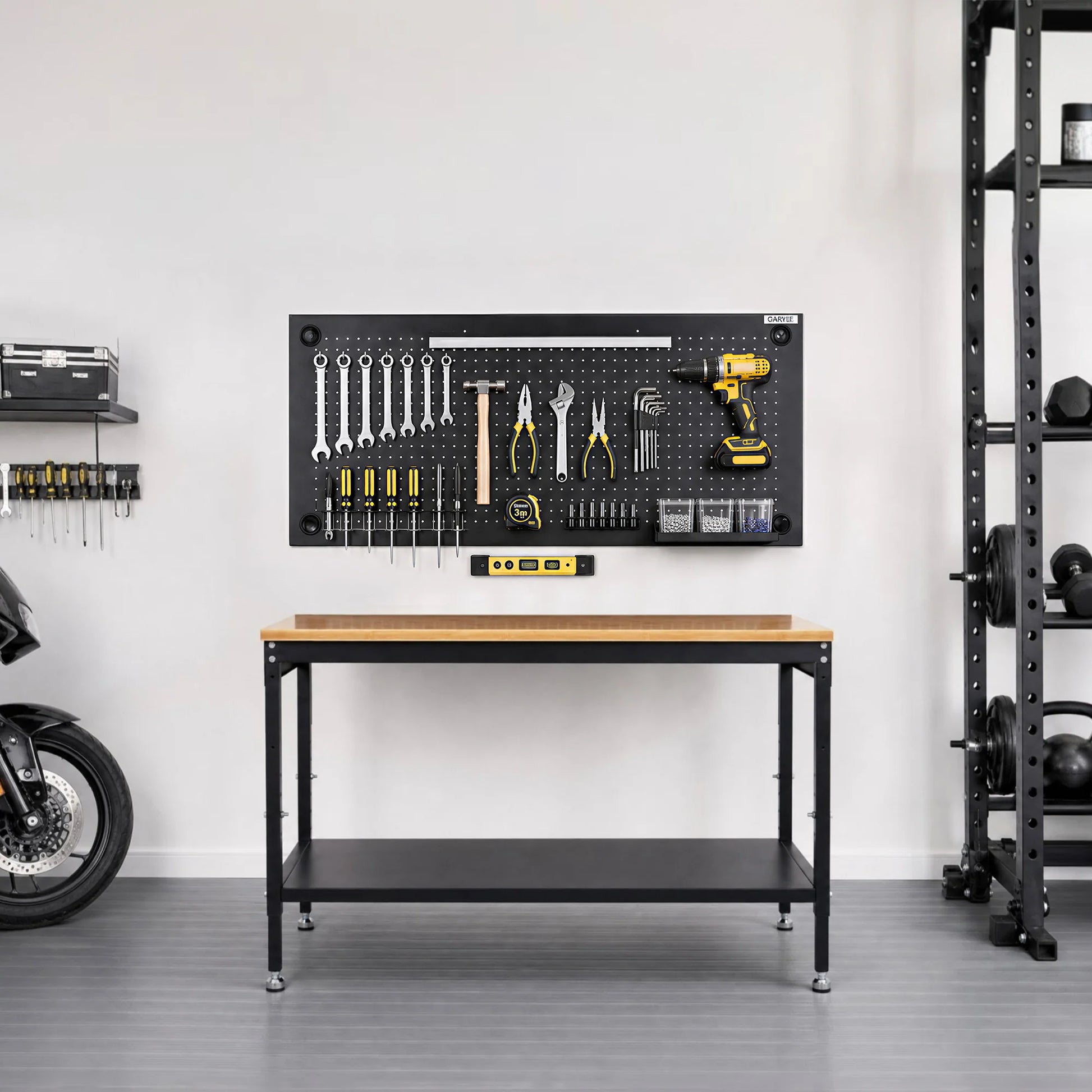 Garvee 48x24 Heavy-Duty Workbench with Pegboard Back - Steel Work Table for Garage Workshop - Adjustable Height - Shelf & Power Strip - Color: Black