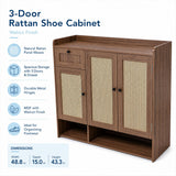 Garvee MDF Shoe Storage Cabinet with Rattan Doors and Drawer, Walnut 48.8" Entryway Shoe Organizer with Adjustable Shelves, 3-Door Freestanding Footwear Cabinet with Open Bottom Rack for Hallway, Bedroom, Closet and Living Room - Walnut