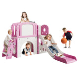 Garvee 8-in-1 Multi-Functional Toddler Play Tunnel Set – Slide, Climber, Crawl Tunnel, Basketball Hoop, Telescope, Drawing Board & Storage – Indoor Outdoor Activity Center for Kids Ages 1-5 – Pink