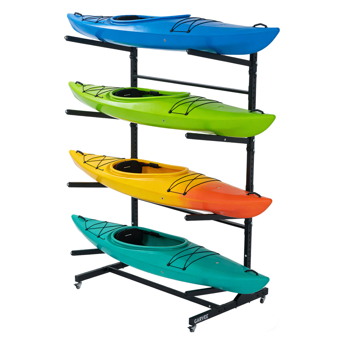 4-tier kayak storage rack holding four kayaks on white background