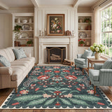 Garvee Large Washable Boho Floral Area Rug - Non-Slip Low Pile Vintage Carpet for Living Room, Bedroom, Nursery, Dining Room - Soft Collapsible Farmhouse Mat, Blue-Green, 10x13ft (305x396cm), USA - Blue-Green