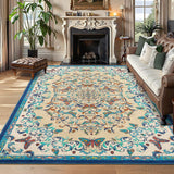 Garvee 9' × 12' Insect Botanical Area Rug, Machine Washable Non-Slip Low-Pile Soft Rug for Living Room, Bedroom & Dining Room, Beige/Blue