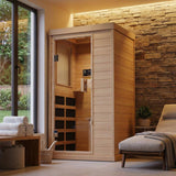 Garvee Low EMF Far Infrared Sauna for Home Use - 1 Person Indoor Dry Sauna with 1200W Carbon Crystal Heaters - Red Light Therapy, Wireless Speakers, LED Reading Light, Canadian Hemlock Wood, Tempered Glass Door, 110V, Quick Preheat, Sturdy Wood