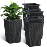 Garvee Self-Watering Rattan Planters Set of 4 – 16 Inch Tall Black Flower Pots with Water Level Gauge, Water-Saving Containers for Indoor Outdoor Patio, Balcony, Office, Home Décor – Black