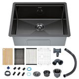 Garvee Workstation Undermount Kitchen basin, 24 in Single Bowl Utility basin, 16 Gauge Stainless Steel, Step Black Finish