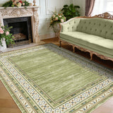 Garvee Green Washable Bordered Area Rug 5' × 7', Non Slip Low Pile Non Shedding Rug, Modern Distressed Geometric Rug for Living Room Dining Room Bedroom