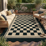 Garvee Scalloped Jute Area Rug - Washable Checkered Design - Easy-Clean Non-Slip Carpet for Living Room, Bedroom, Office, Patio, Entryway - Indoor Outdoor - Black, 5x7ft