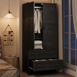 Garvee Storage Cabinet with 2 Drawers, 72 in Tall Wooden Organizer with Hanging Rod, Large Storage Cabinet with Doors and Adjustable Shelves for Bedroom and Living Room, Rustic Black