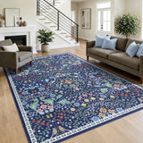 Garvee 8' × 10' Botanical Area Rug, Soft Washable Low-Pile Polyester Carpet for Living Room, Bedroom and Dining Room, Blue
