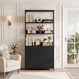 Garvee Industrial Bookshelf with Doors - 71'' Tall, 3-Tier Open Shelves, Adjustable Shelf, Protective Rails, Metal Frame, Anti-Tipping Kit, Office or Living Room, Black Embossed + Black Lacquer - Black
