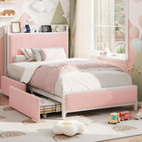 Garvee Metal Platform Bed Frame with 2 Storage Drawers & Charging Station, Upholstered Headboard, No Box Spring Needed - Twin - White Tube/Pink