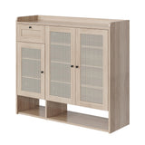 Garvee MDF Shoe Storage Cabinet with Rattan Doors and Drawer, Natural Oak 48.8" Entryway Shoe Organizer with Adjustable Shelves, 3-Door Freestanding Footwear Cabinet with Open Bottom Rack for Hallway, Bedroom, Closet and Living Room - Natural Oak
