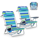 Garvee 2 Pack Lightweight Folding Beach Chairs for Adults – 5-Position Adjustable Reclining, Portable with Cup Holder, Towel Bar, Zipper Pouch, Rust-Resistant Frame – Outdoor Lounge for Camping, Pool, Patio – Silver Frame, Blue-Green Stripes