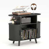Garvee Mid-Century Modern Record Player Stand – Built-In Charging Station & USB Ports – Large Vinyl Record Storage Cabinet – Open Shelves Turntable Table – Black US Standard
