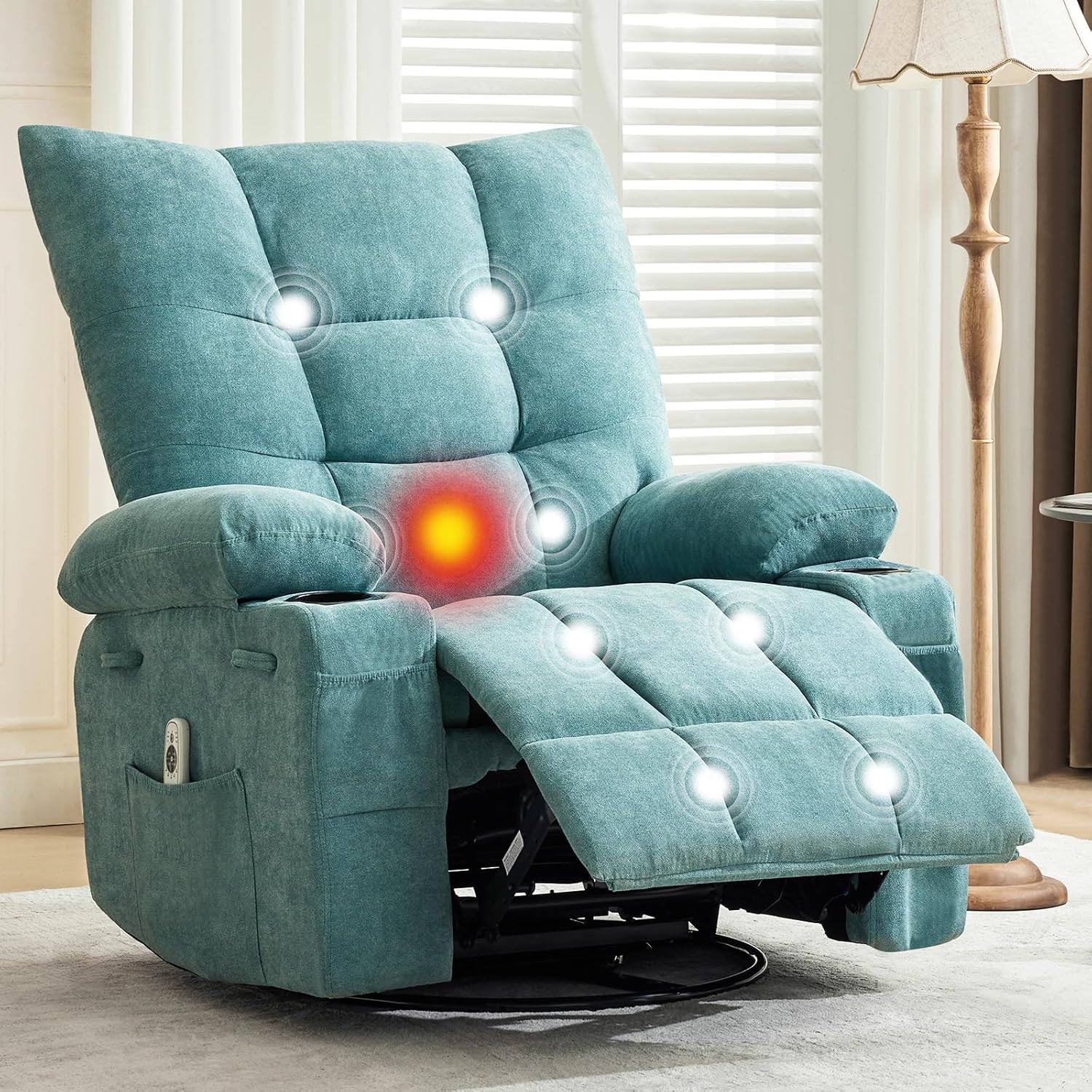 Garvee Swivel Recliner Chair with Massage & Heat for Elderly Adults, Ergonomic Lounge Single Sofa, Manual Recliner with Overstuffed Cushion, Side Pocket, Cup Holders for Living Room, Bedroom, Blue