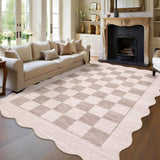 Garvee Modern Scalloped Checkered Area Rug – Soft Low Pile, Non-Slip, Machine Washable Carpet for Living Room, Bedroom – Mark Resistant, Collapsible – Beige Brown, 8x10ft (244x305cm) - Scalloped-Beige And Brown