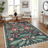 Garvee Boho Floral Area Rug - Washable Low Pile, Non-Slip, Soft Modern Botanical Accent Carpet for Living Room, Bedroom, Dining Room, Nursery - Collapsible, Non-Shedding, Blue-Green, 5x7ft (152x213cm), USA - Flower-Blue