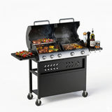 Garvee 5 Burner Propane Gas Grill Griddle Combo with Porcelain Enamel Cast Iron Grate & Cast Iron Pan – Dual BBQ Grill with Flat Top Griddle, 40,000 BTU Large Outdoor Gas Grill for Backyard Kitchen - Black