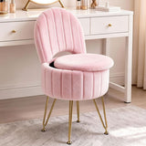 Garvee Small Modern Round Vanity Stool with Storage and Backrest, Soft Fabric Upholstery with Metal Frame, Easy Installation, Space-Saving, Easy to Clean & Move, Metal Legs, for Bedroom & Dressing, Pink