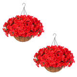 Garvee Lifelike Artificial Geranium Hanging Baskets Set of 2 – 24 Silk Flower Bundles – Durable Brown Coconut Fiber Basket – Indoor Outdoor Home, Garden, Porch, Patio, Balcony Decor – Red