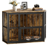 Garvee Space-Saving Corner Dog Crate Furniture for Small Dogs – Wooden Indoor Kennel End Table with 360° Rotating Door & Stainless Steel Feeding Bowls – Decorative Dog Cage – Vintage + Black Iron Frame - Brown